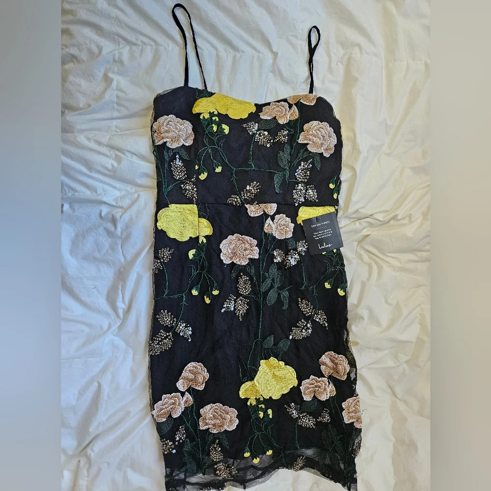 Lulu's Black Mini Dress with Yellow & Blush Floral Embroidery - Picture 1 of 7